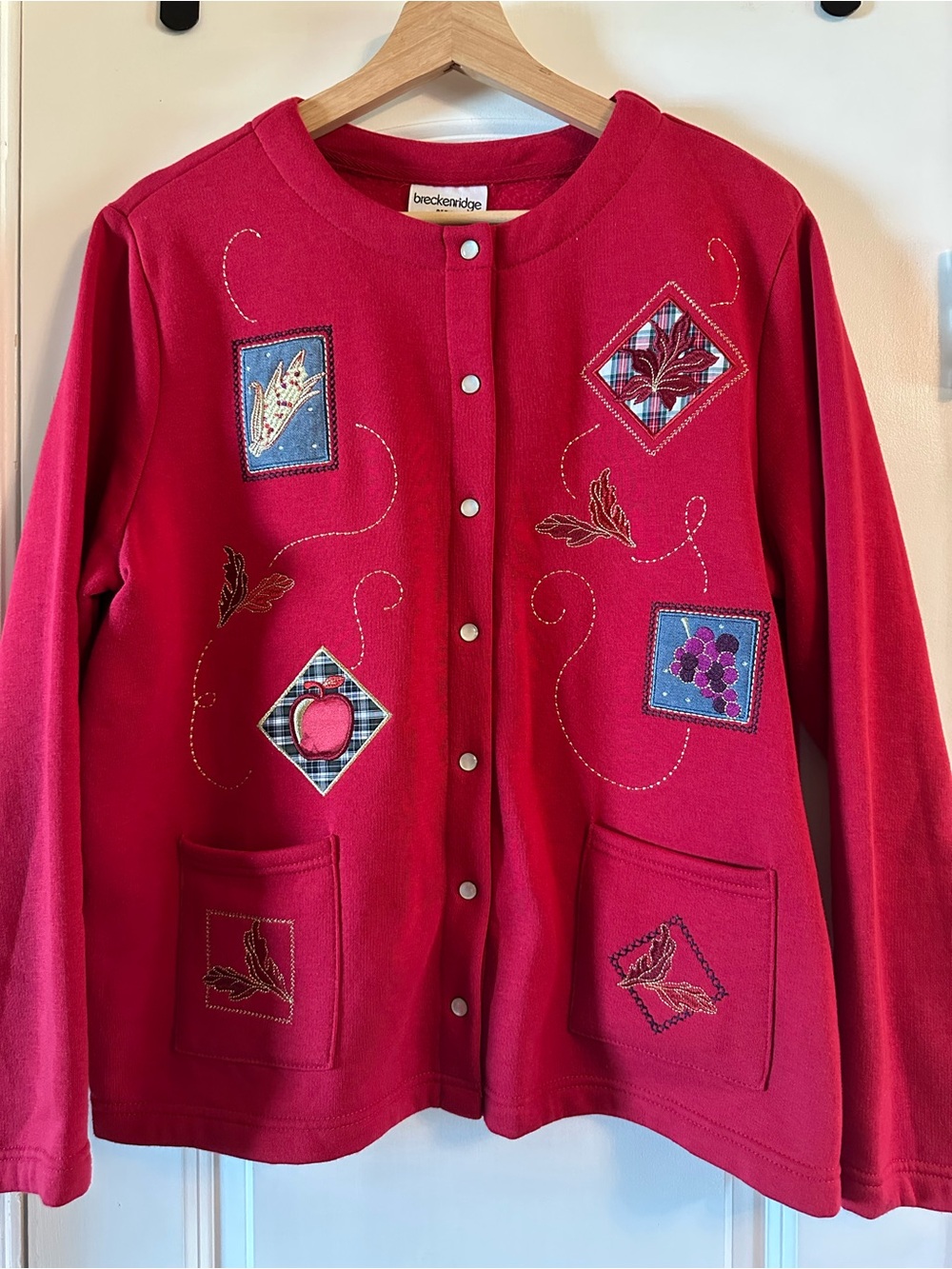 breckenridge Red Embroidered Snap-Front Jacket with Patchwork Motifs